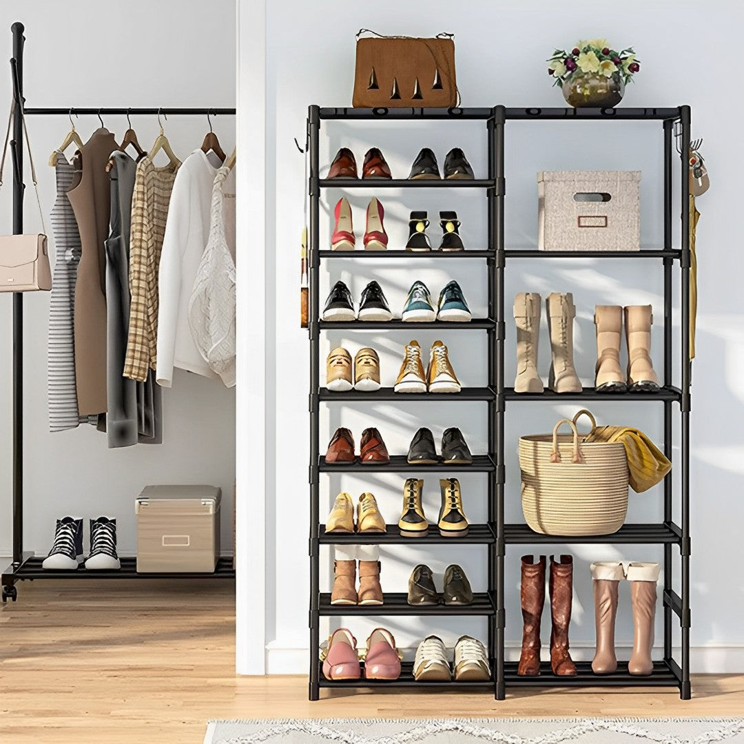SOGA 2X 16-Shelf Tier Shoe Storage Shelf Space-Saving Caddy Rack Organiser with Side Hooks Black - Cafe Supply