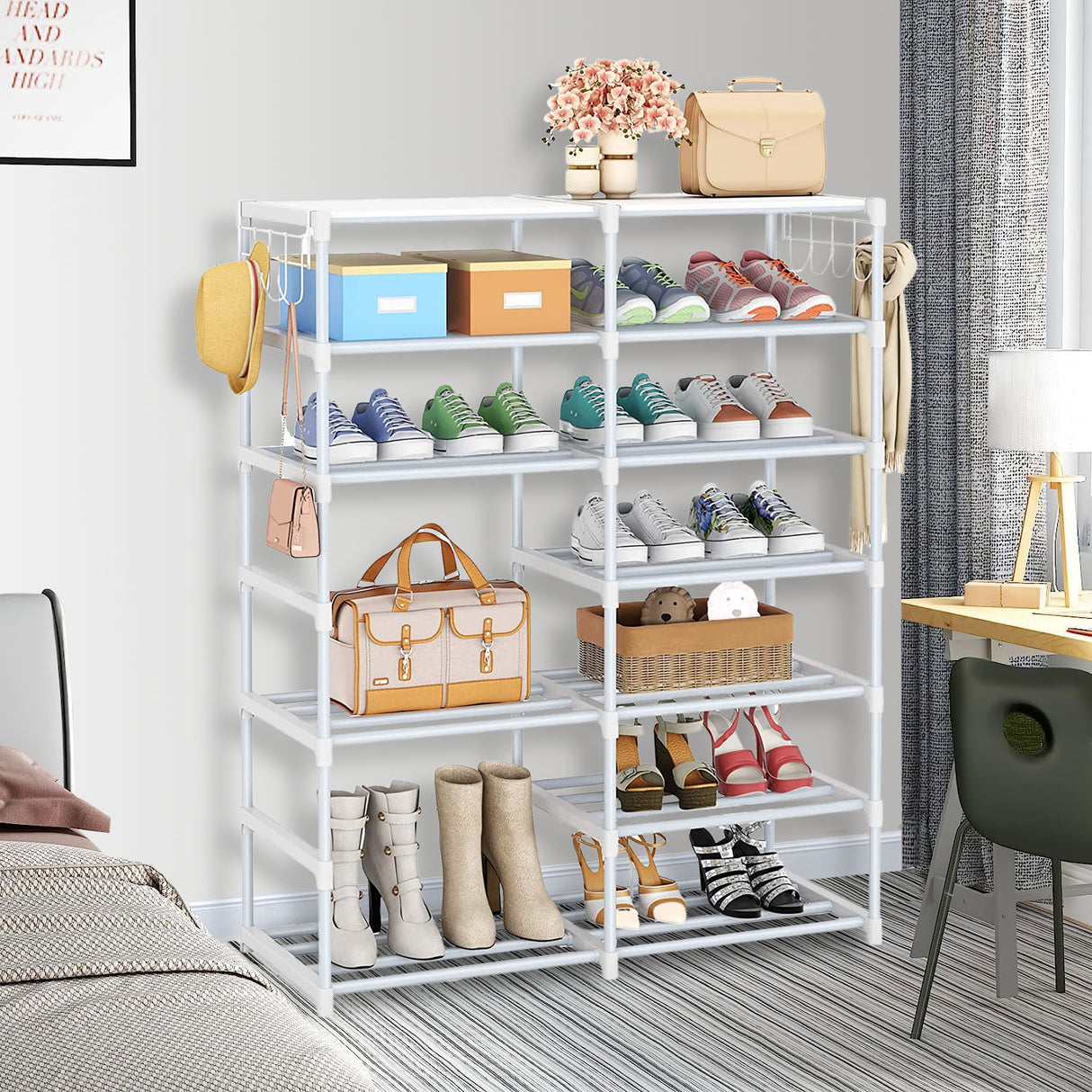 SOGA 2X 12-Shelf Tier Shoe Storage Shelf Space-Saving Caddy Rack Organiser with Side Hooks White - Cafe Supply
