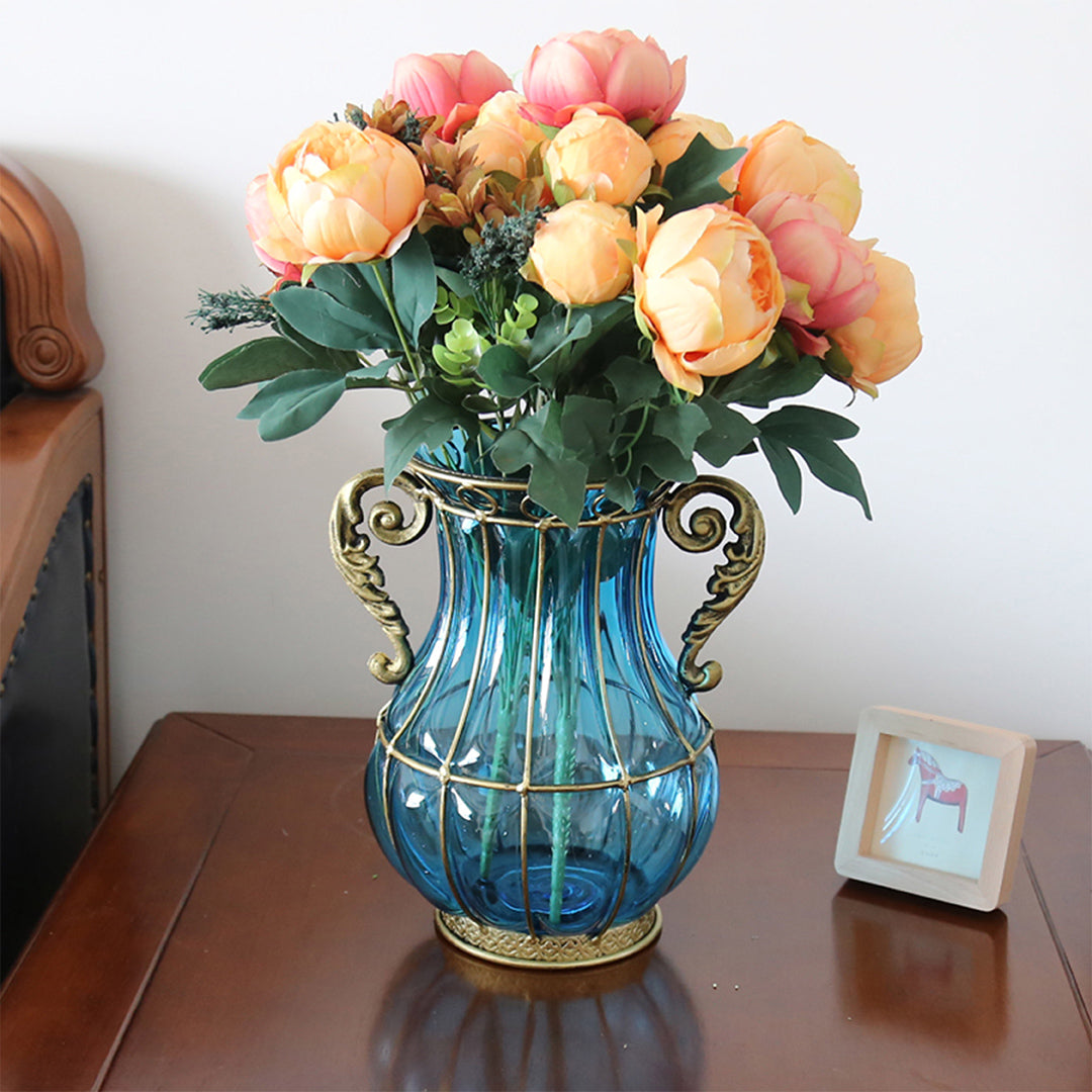 SOGA Blue Colored European Glass Home Decor Flower Vase with Two Metal Handle - Cafe Supply