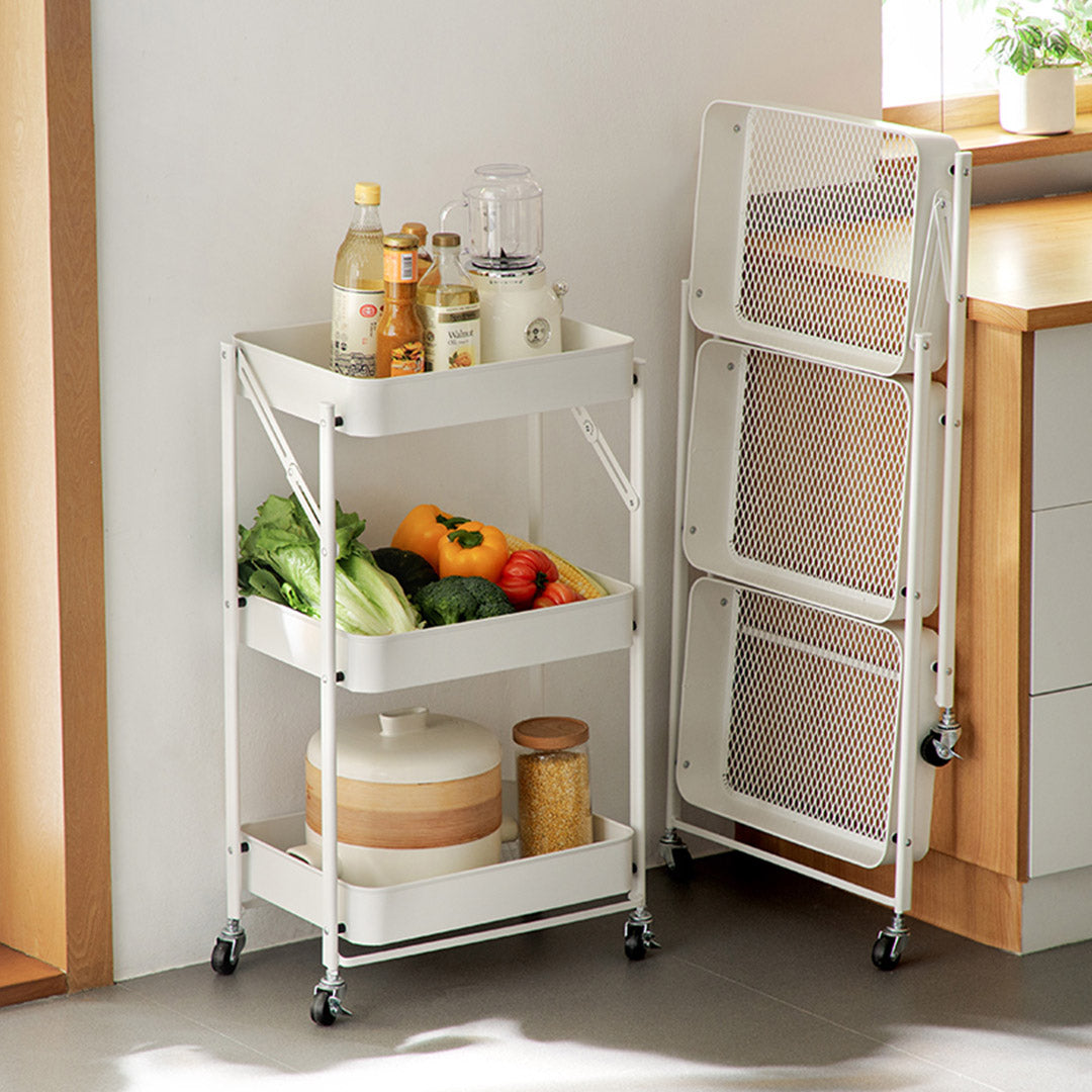 SOGA 2X 3 Tier Steel White Foldable Kitchen Cart Multi-Functional Shelves Portable Storage Organizer with Wheels - Cafe Supply