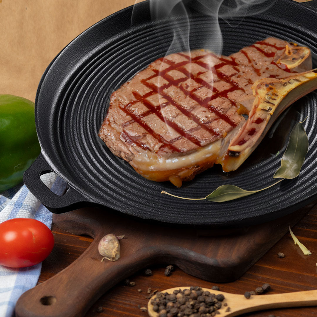 SOGA 2X 35cm Round Ribbed Cast Iron Frying Pan Skillet Steak Sizzle Platter with Handle - Cafe Supply