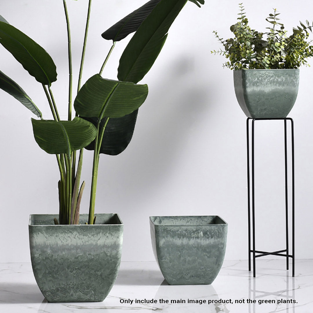 SOGA 27cm Green Grey Square Resin Plant Flower Pot in Cement Pattern Planter Cachepot for Indoor Home Office - Cafe Supply