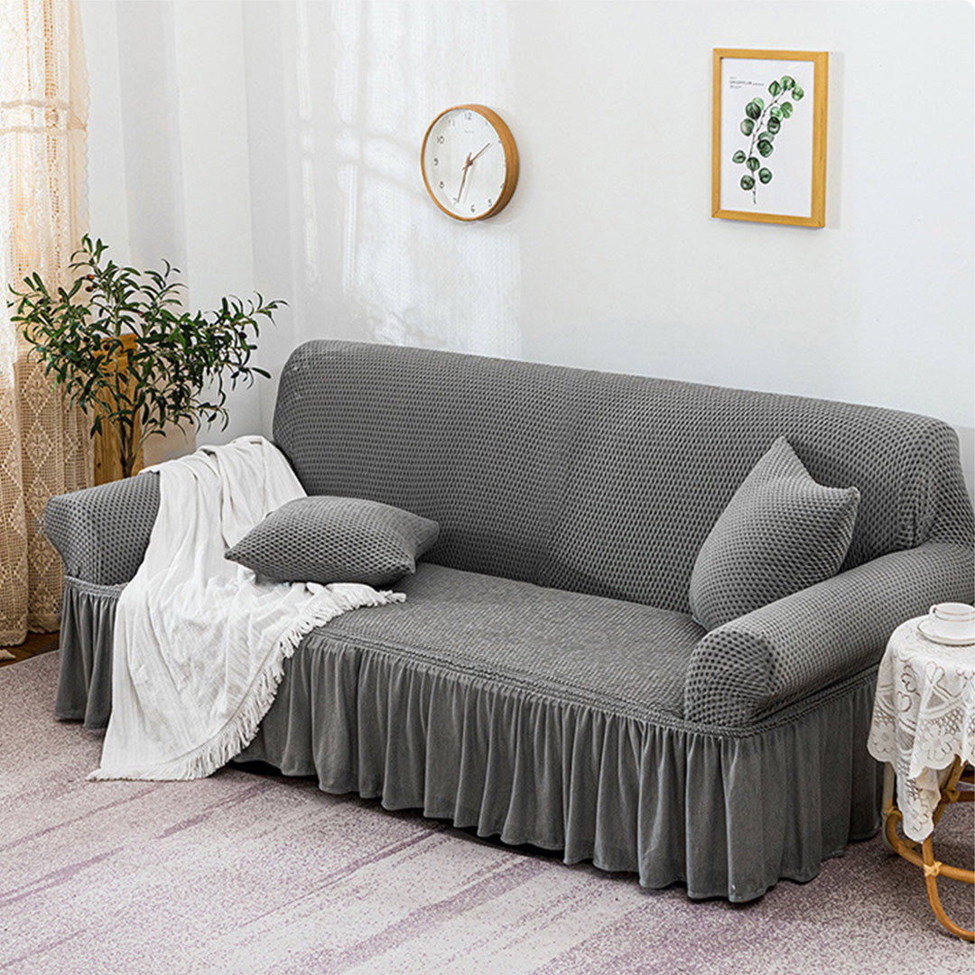 SOGA 3-Seater Grey Sofa Cover with Ruffled Skirt Couch Protector High Stretch Lounge Slipcover Home Decor - Cafe Supply