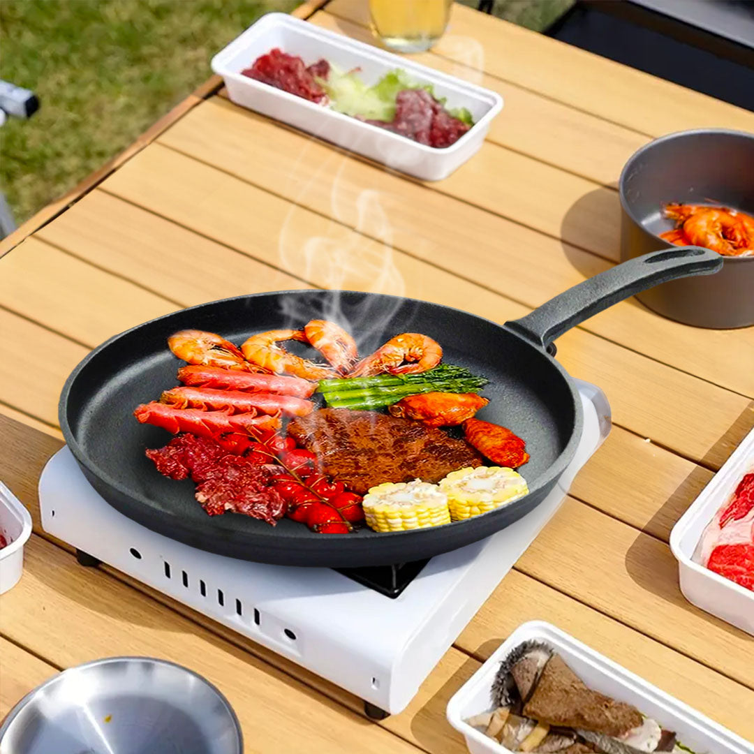 SOGA 2X 26cm Round Cast Iron Frying Pan Skillet Griddle Sizzle Platter - Cafe Supply