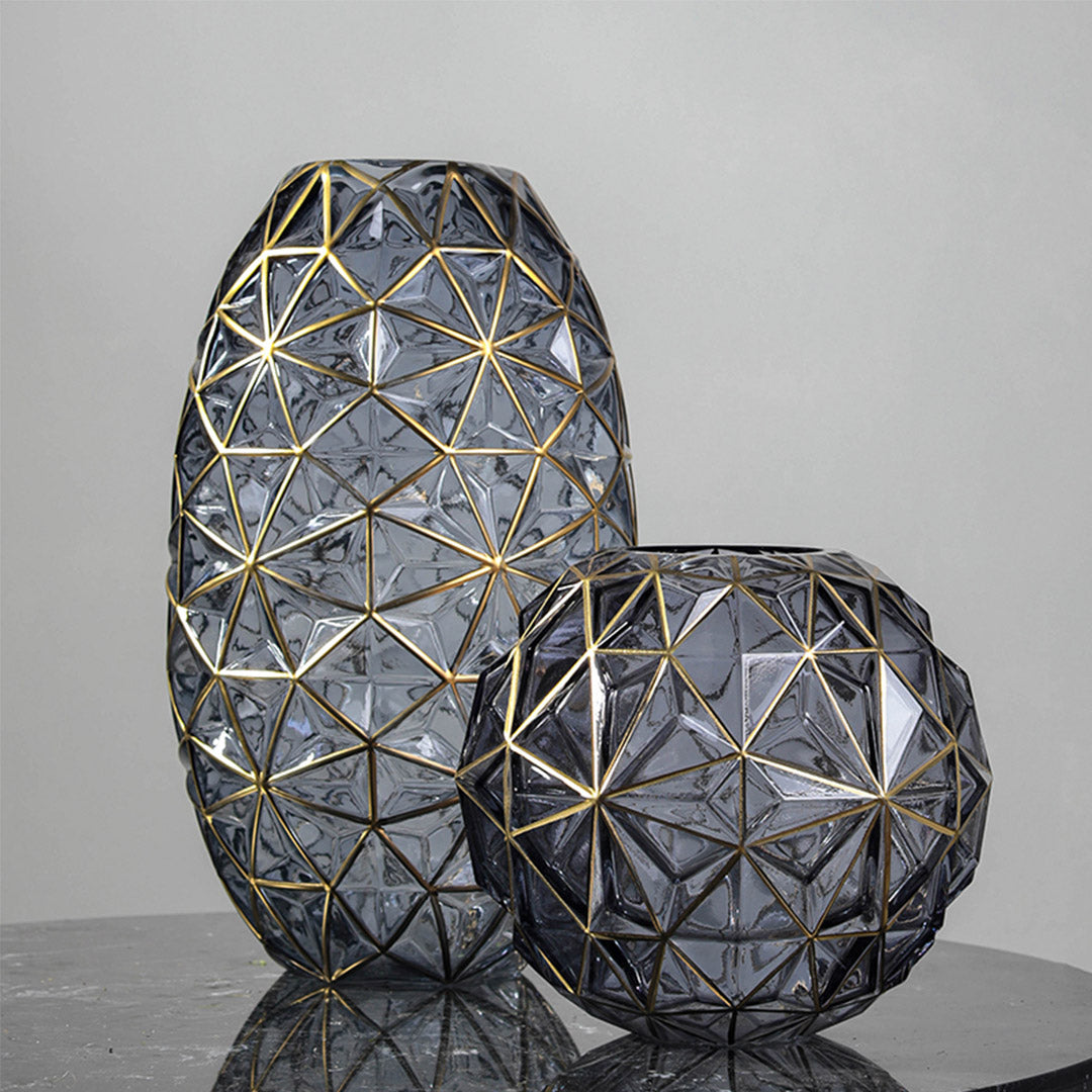 SOGA 2X Grey Colored Diamond Cut Glass Flower Vase Round Jar Home Decor with Gold Accent Large and Medium Set - Cafe Supply