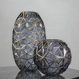 SOGA 2X Grey Colored Diamond Cut Glass Flower Vase Round Jar Home Decor with Gold Accent Large and Medium Set - Cafe Supply