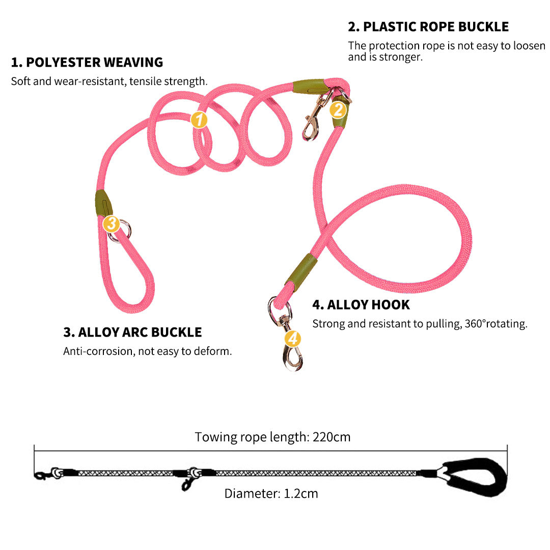 SOGA 2X 220cm Multifunction Hands-Free Rope Pet Cat Dog Puppy Double Ended Leash for Walking Training Tracking Obedience Pink - Cafe Supply