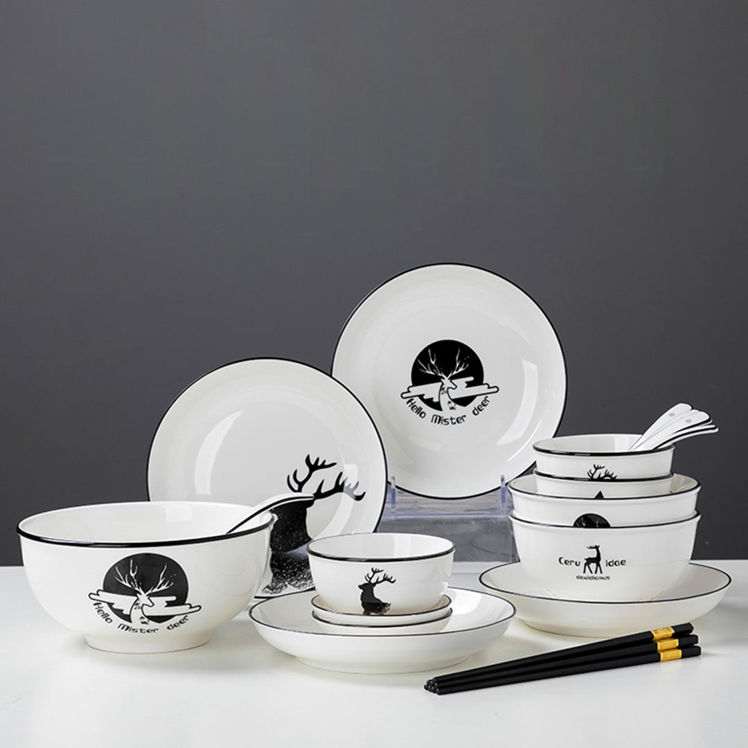 SOGA White Antler Printed Ceramic Dinnerware Set Crockery Soup Bowl Plate Server Kitchen Home Decor Set of 13 - Cafe Supply