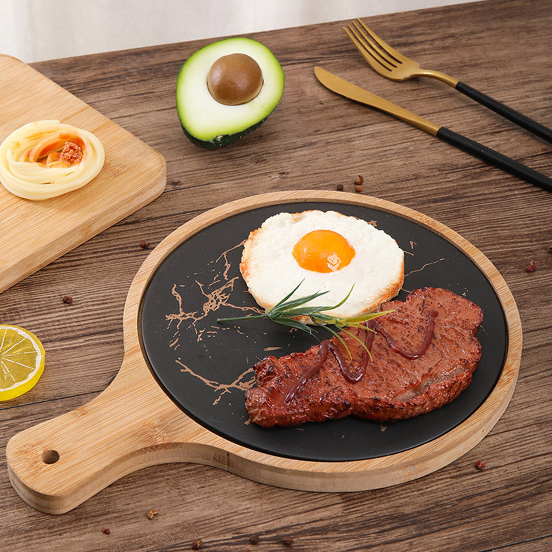SOGA 30cm Black Circle Wooden Serving Tray Slate Steak Serving Platter Chopping Board Paddle Home Decor - Cafe Supply