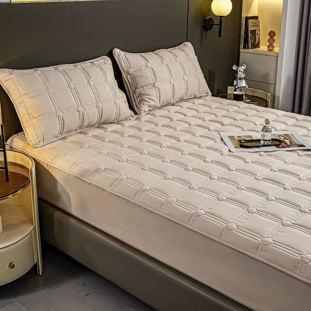 SOGA 2X Beige 153cm Wide Mattress Cover Thick Quilted Stretchable Bed Spread Sheet Protector with Pillow Covers - Cafe Supply