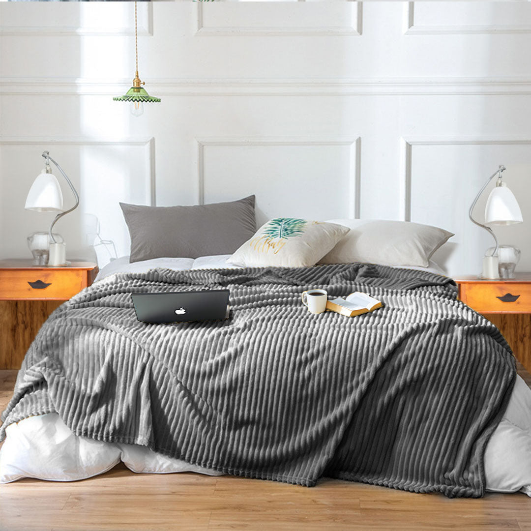 SOGA GreyThrow Blanket Warm Cozy Striped Pattern Thin Flannel Coverlet Fleece Bed Sofa Comforter - Cafe Supply