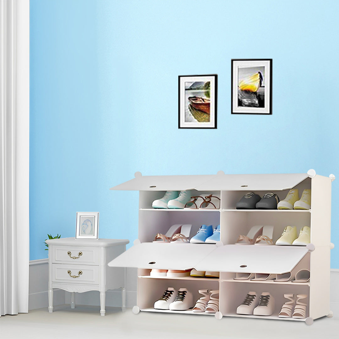 SOGA 4 Tier 2 Column White Shoe Rack Organizer Sneaker Footwear Storage Stackable Stand Cabinet Portable Wardrobe with Cover - Cafe Supply