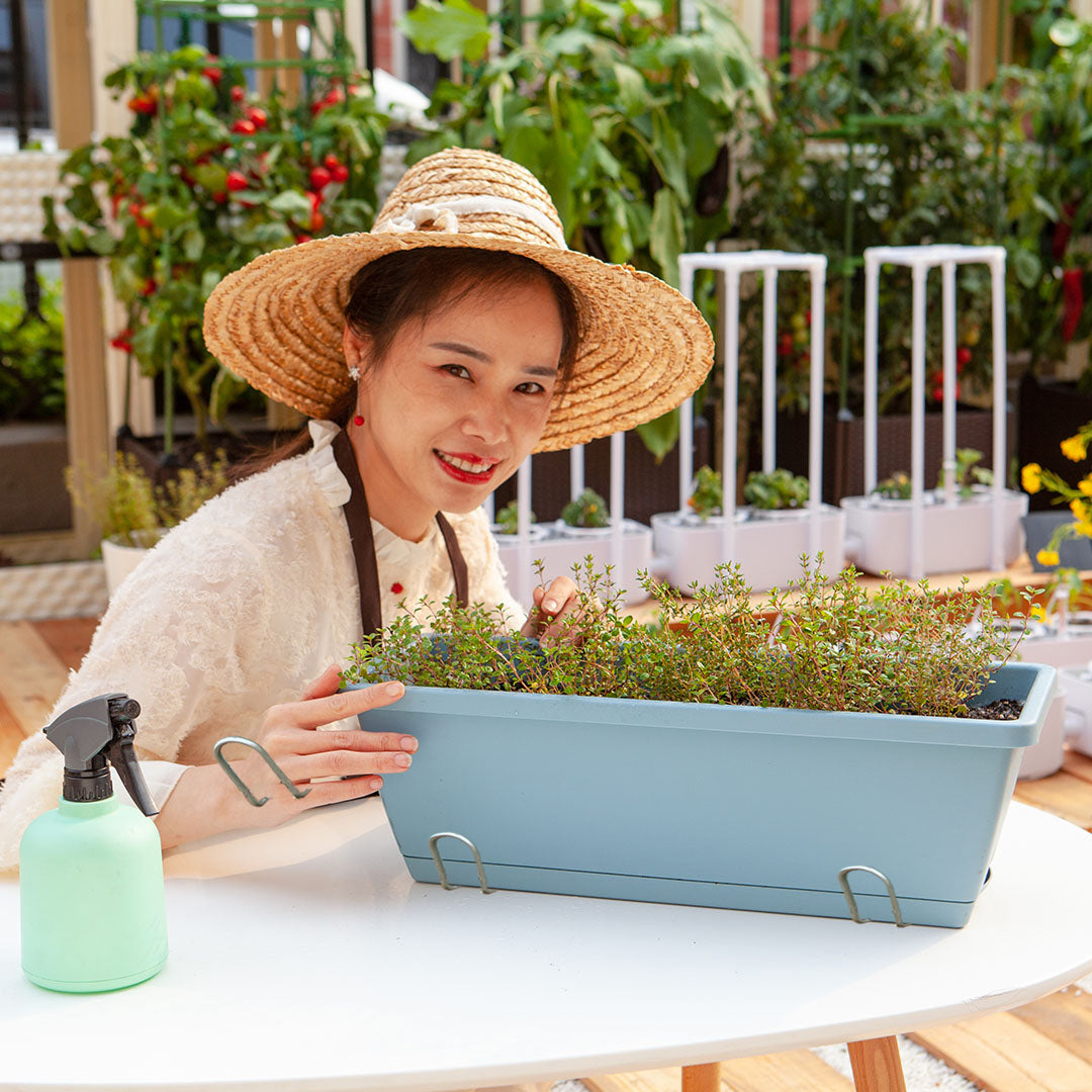 SOGA 49.5cm Blue Rectangular Planter Vegetable Herb Flower Outdoor Plastic Box with Holder Balcony Garden Decor Set of 2 - Cafe Supply