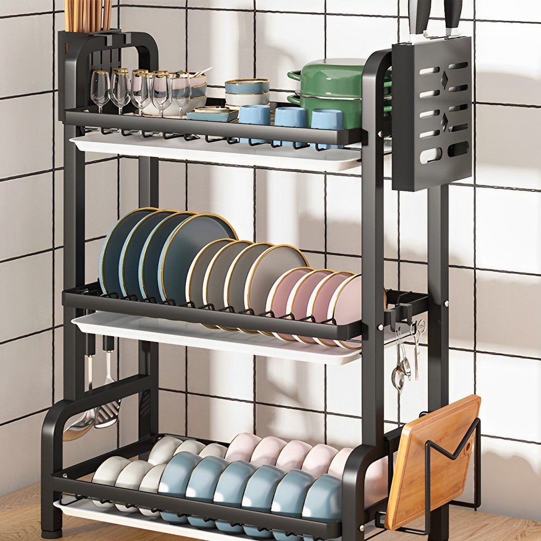 SOGA 2X 3 Tier 62cm Steel Black Kitchen Countertop Drying Rack Dish Plate Cutlery Cutting Board Holder Dish Drainer Kitchen Organiser - Cafe Supply