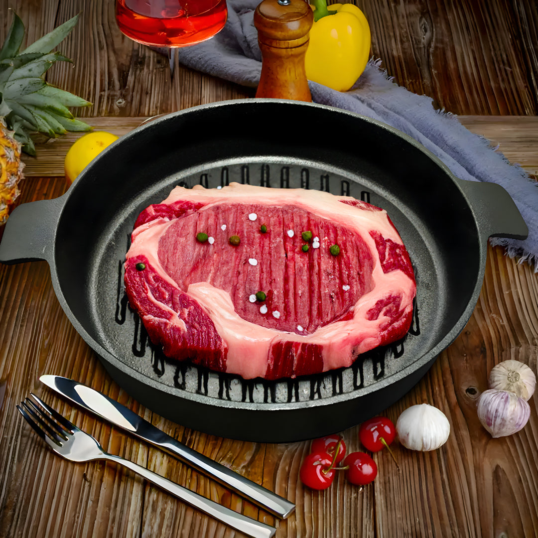 SOGA 26cm Round Ribbed Cast Iron Frying Pan Skillet Steak Sizzle Platter with Handle - Cafe Supply