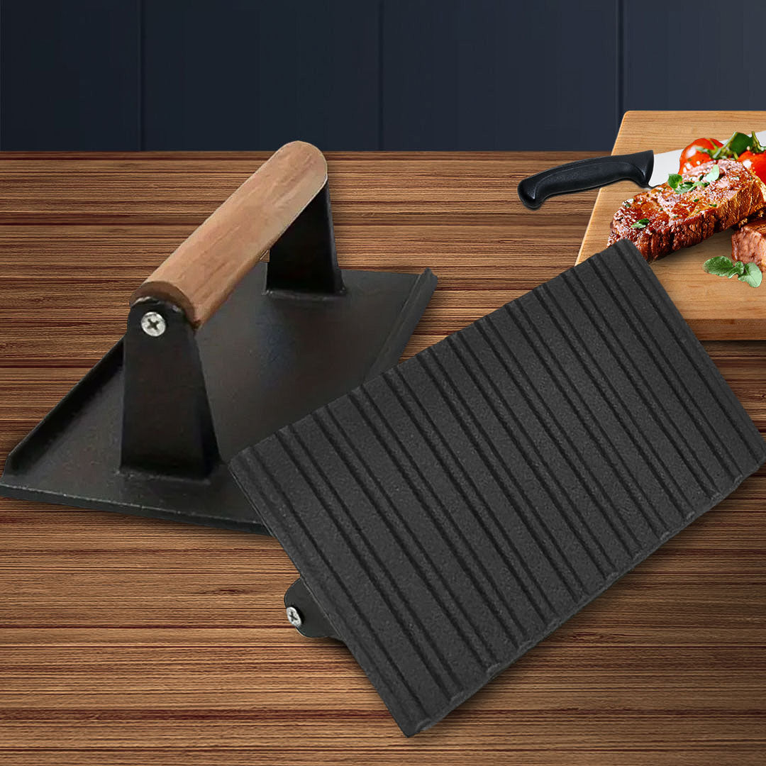 SOGA Cast Iron Bacon Meat Steak Press Grill BBQ with Wood Handle Weight Plate - Cafe Supply