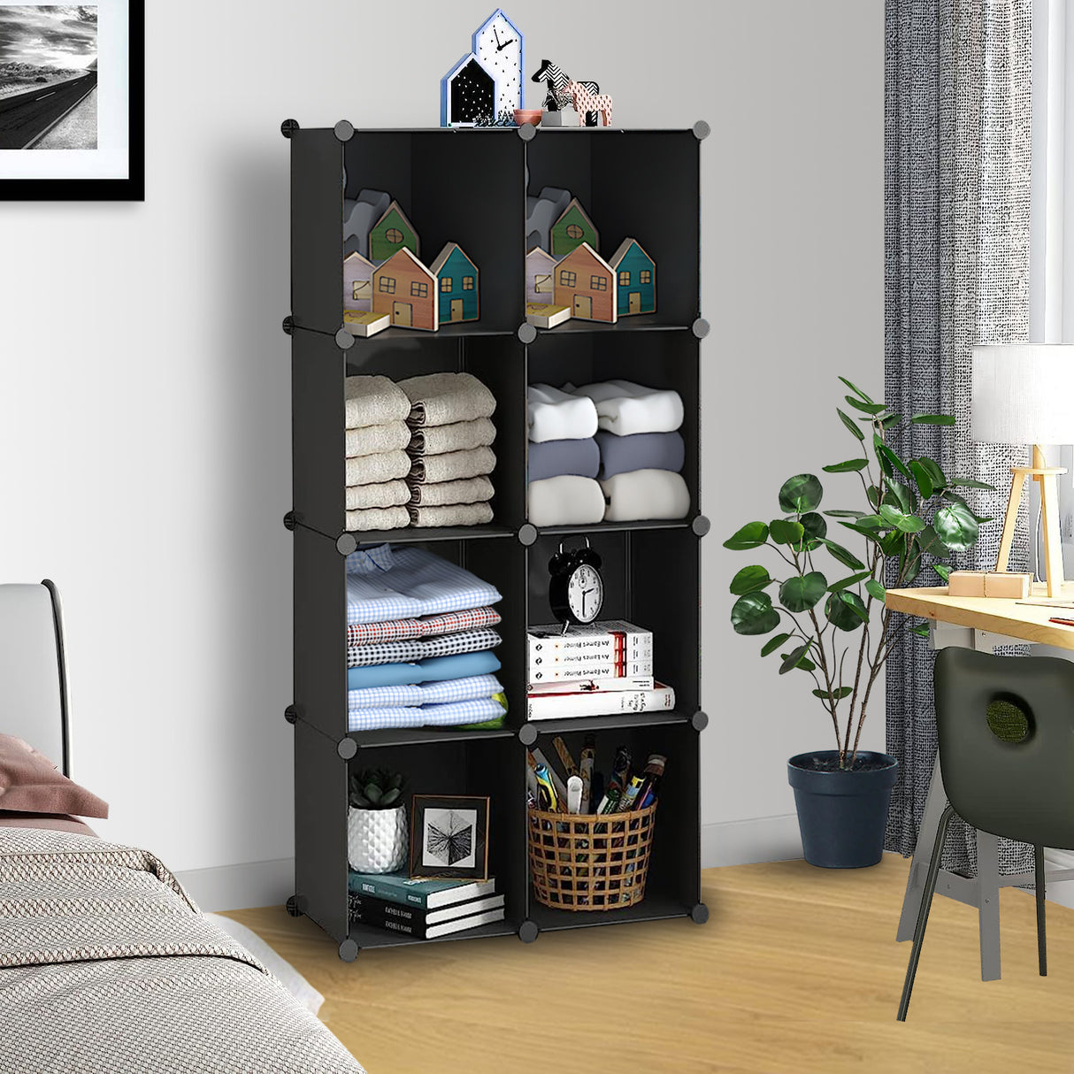 SOGA 4 Tier 8-Cube Black Portable Wardrobe Divide-Grid Modular Storage Organiser Foldable Closet - Cafe Supply
