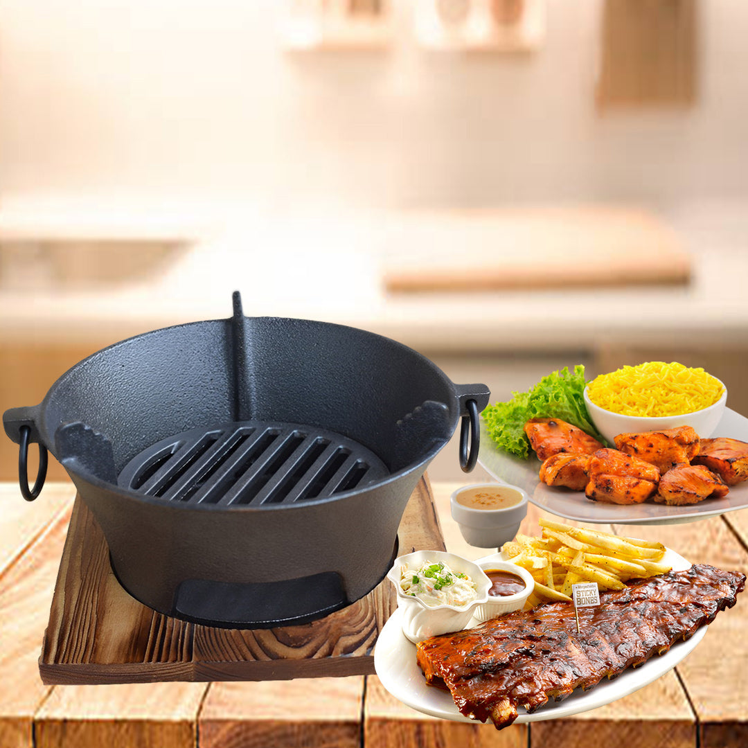 SOGA Small Cast Iron Round Stove Charcoal Table Net Grill Japanese Style BBQ Picnic Camping with Wooden Board - Cafe Supply