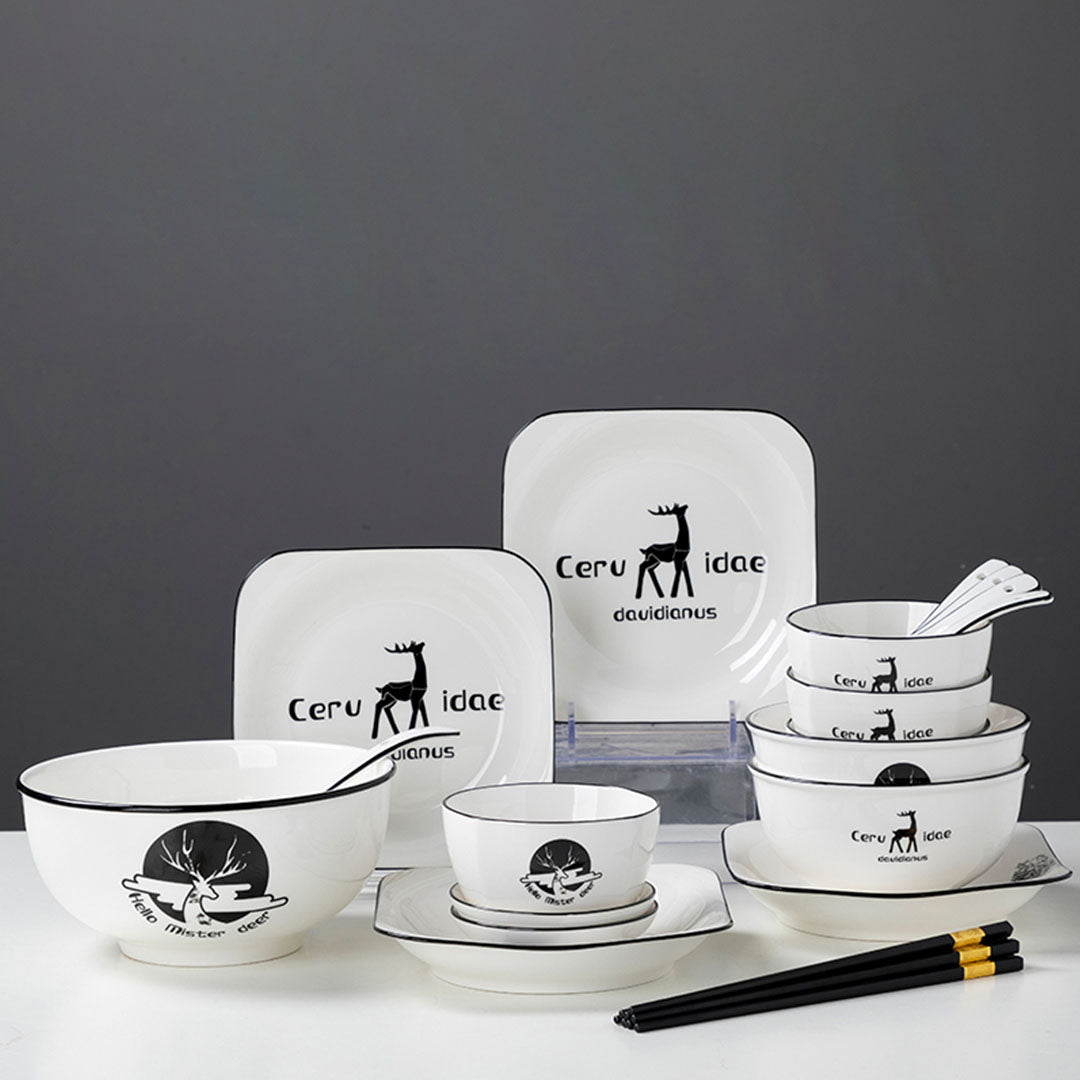 SOGA White Antler Printed Ceramic Dinnerware Set Crockery Soup Bowl Plate Server Kitchen Home Decor Set of 13 - Cafe Supply