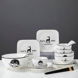 SOGA White Antler Printed Ceramic Dinnerware Set Crockery Soup Bowl Plate Server Kitchen Home Decor Set of 13 - Cafe Supply