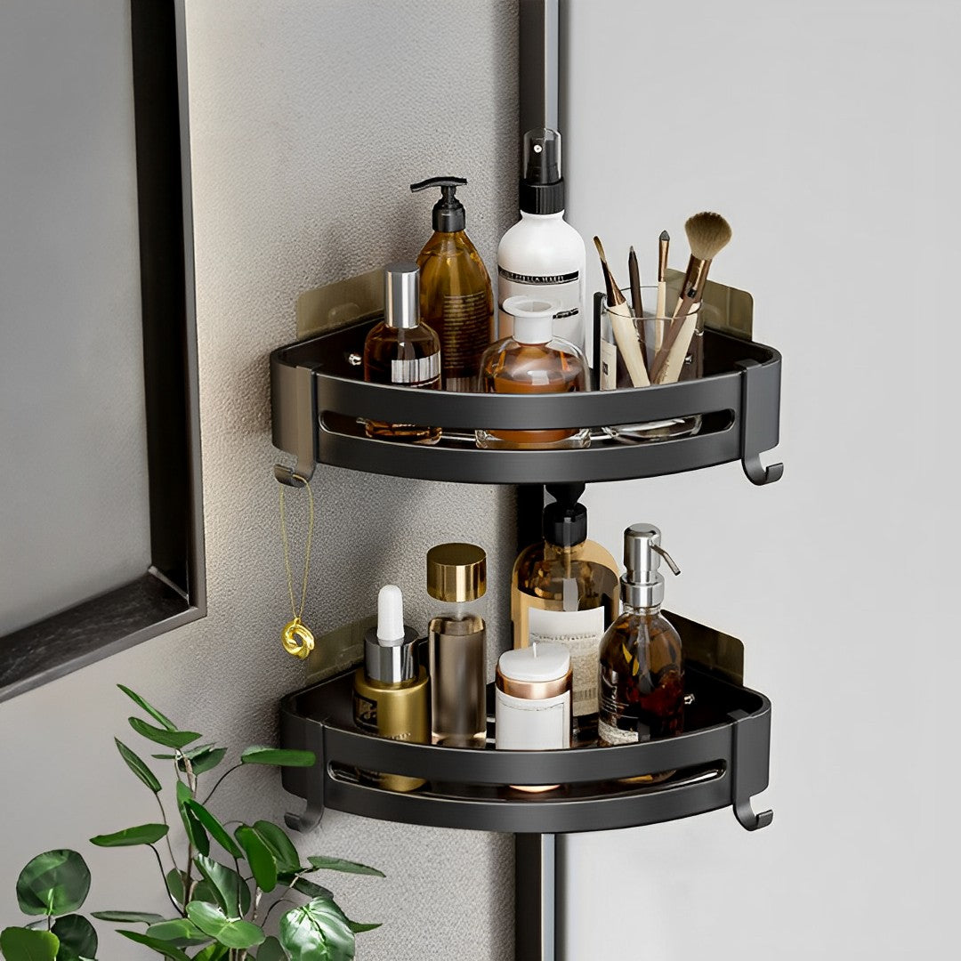 SOGA Black Wall-Mounted Triangular Bathroom Storage Corner Vanity Organiser Space Saving Adhesive Shelf Rack with Hooks - Cafe Supply