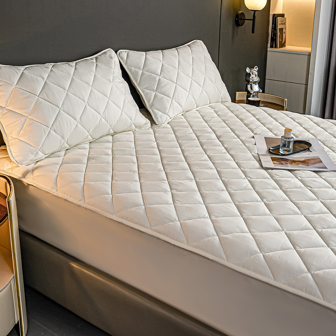 SOGA 2X White 183cm Wide Cross-Hatch Mattress Cover Thick Quilted Stretchable Bed Spread Sheet Protector with Pillow Covers - Cafe Supply