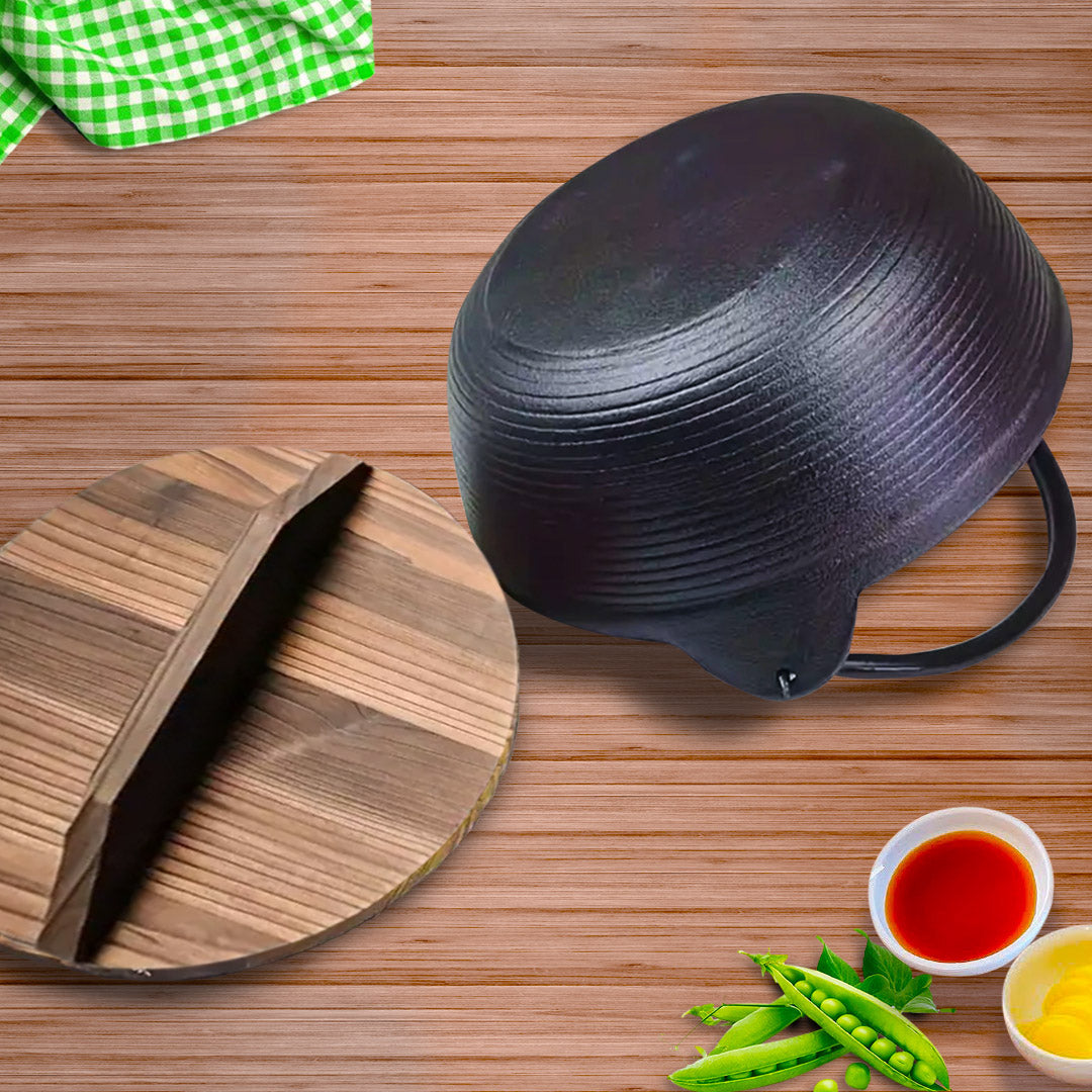 SOGA 2X 29cm Cast Iron Japanese Style Sukiyaki Tetsu Nabe Shabu Hot Pot with Wooden Lid - Cafe Supply