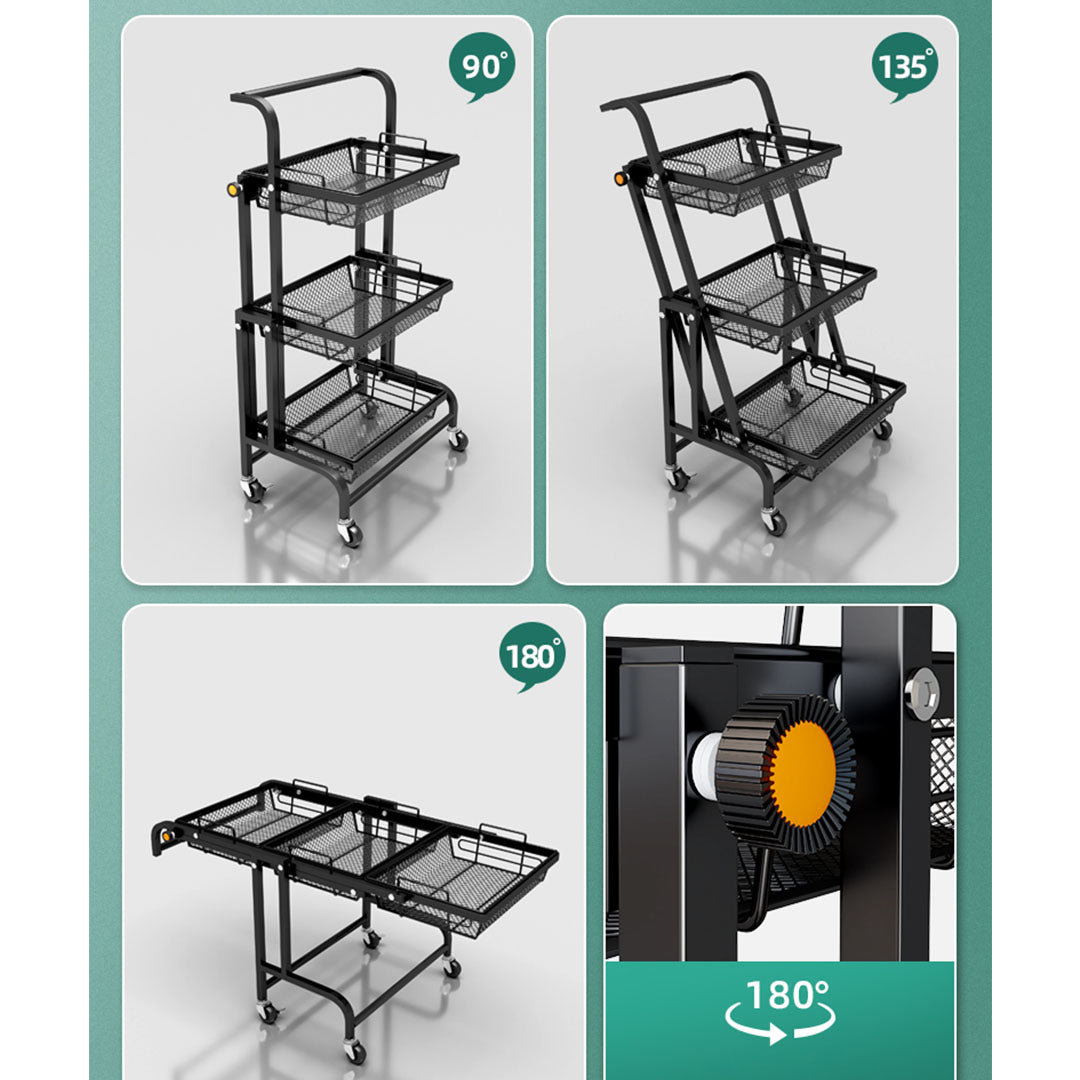 SOGA 3 Tier Steel Black Adjustable Kitchen Cart Multi-Functional Shelves Portable Storage Organizer with Wheels - Cafe Supply