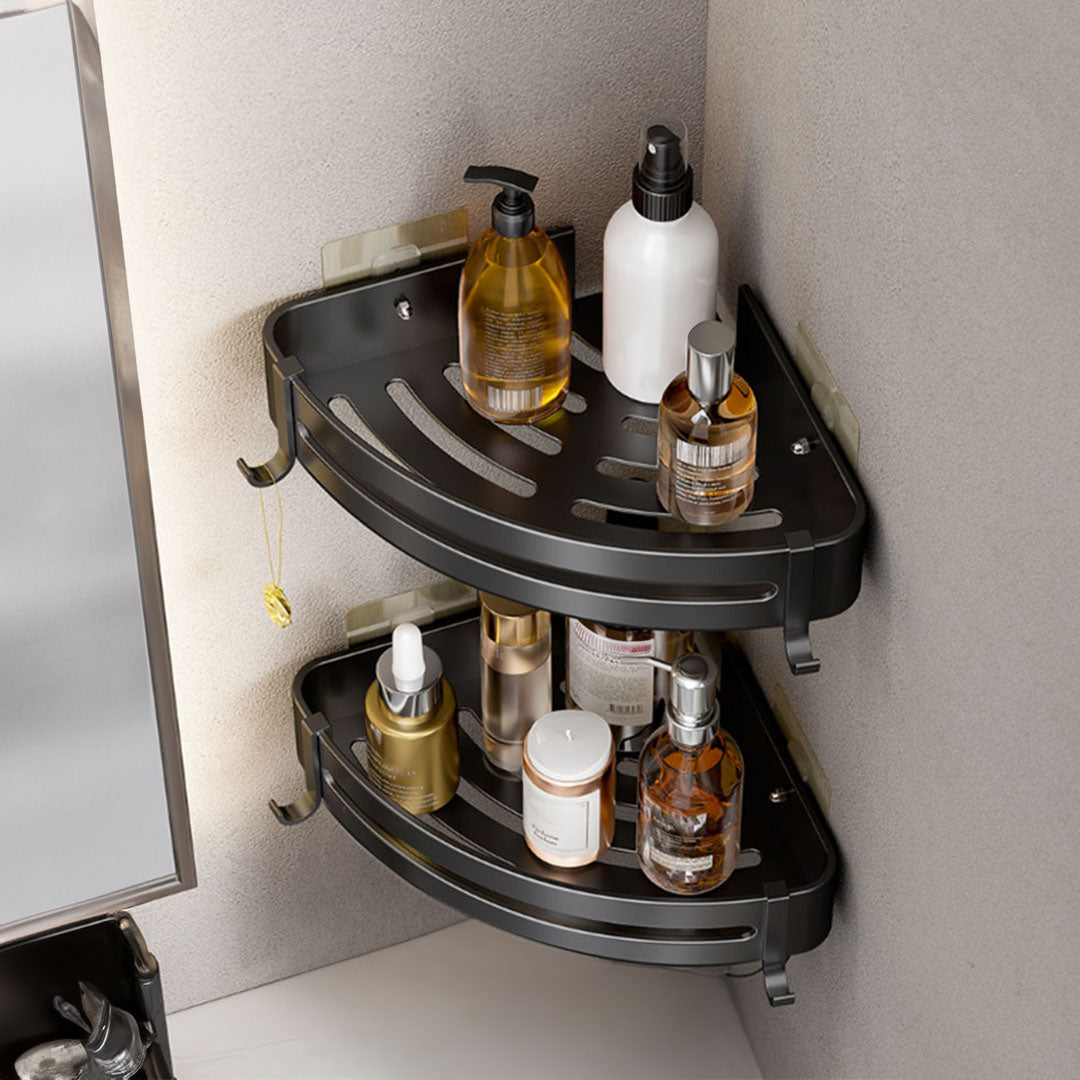 SOGA Black Wall-Mounted Triangular Bathroom Storage Corner Vanity Organiser Space Saving Adhesive Shelf Rack with Hooks - Cafe Supply