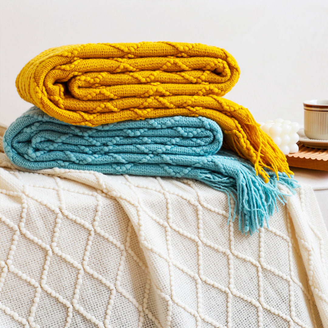 SOGA Yellow Diamond Pattern Knitted Throw Blanket Warm Cozy Woven Cover Couch Bed Sofa Home Decor with Tassels - Cafe Supply