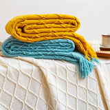 SOGA Yellow Diamond Pattern Knitted Throw Blanket Warm Cozy Woven Cover Couch Bed Sofa Home Decor with Tassels - Cafe Supply