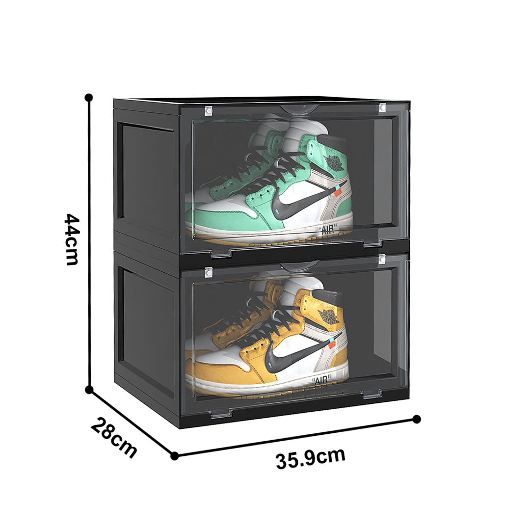 SOGA 2 Tier Black Portable Shoe Organiser Sneaker Footwear Folding Plastic Bin Stackable Storage Box with Magnetic Door - Cafe Supply