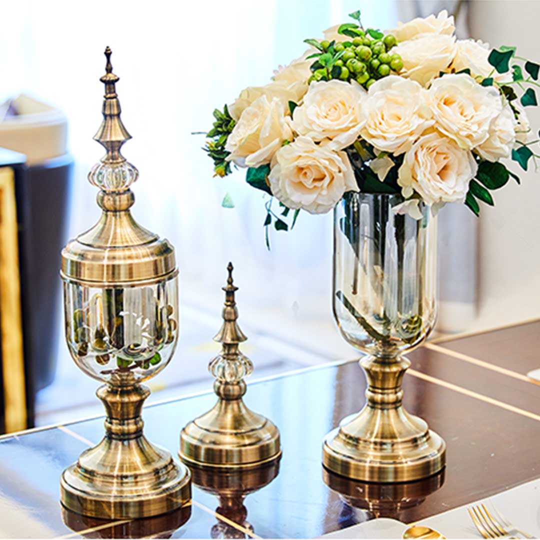 SOGA 2X Clear Glass Flower Vase with Lid and White Flower Filler Vase Bronze Set - Cafe Supply