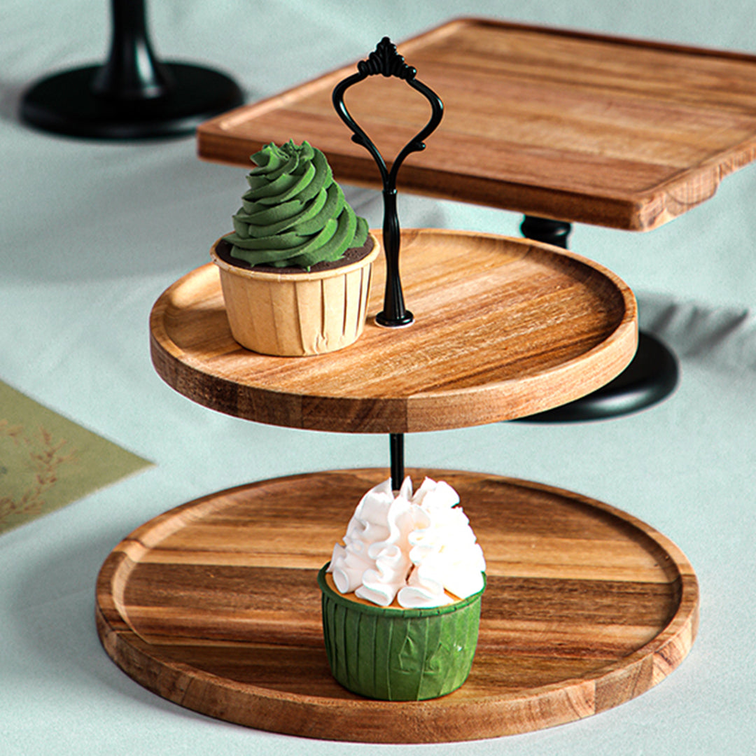 SOGA 2X 15cm 2 Tier  Brown Round Wooden Acacia Dessert Tray Cake Snacks Cupcake Stand Buffet Serving Countertop Decor - Cafe Supply