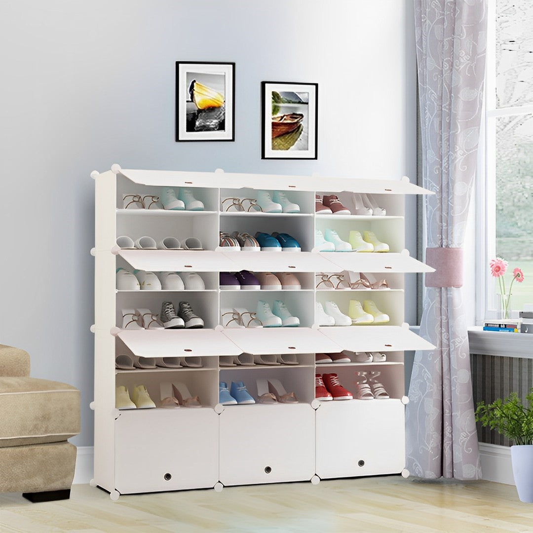 SOGA 7 Tier 3 Column White Shoe Rack Organizer Sneaker Footwear Storage Stackable Stand Cabinet Portable Wardrobe with Cover - Cafe Supply