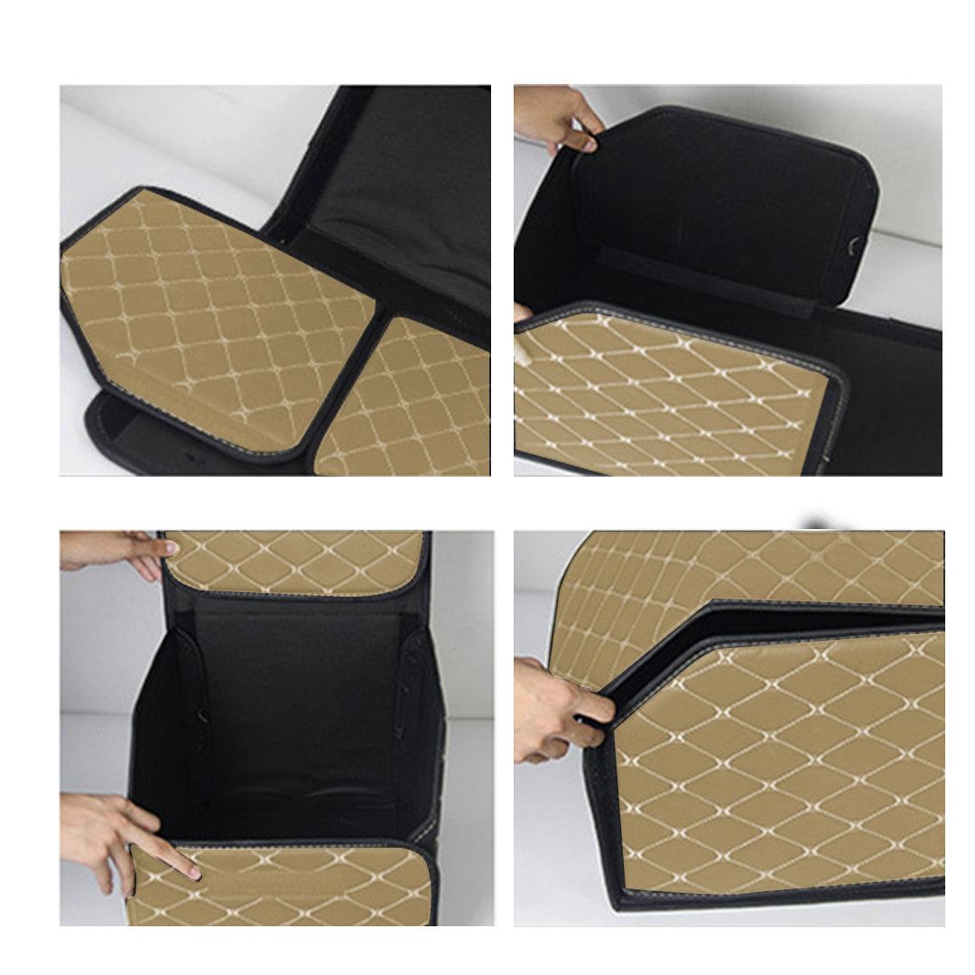 SOGA 2X Leather Car Boot Collapsible Foldable Trunk Cargo Organizer Portable Storage Box Beige/Gold Stitch Small - Cafe Supply