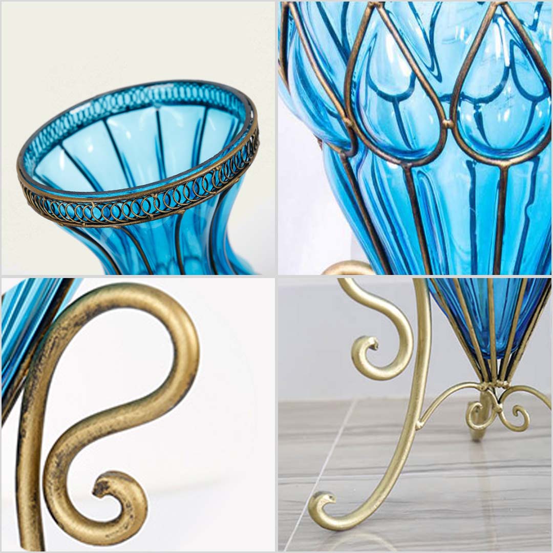 SOGA 67cm Blue Glass Tall Floor Vase with Metal Flower Stand - Cafe Supply