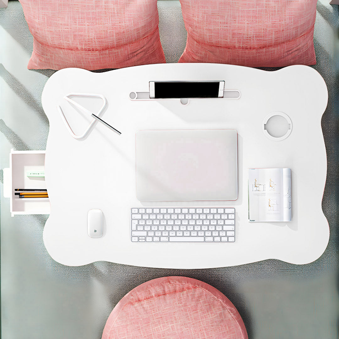 SOGA 2X White Portable Bed Table Adjustable Folding Mini Desk With Mini Drawer and Cup-Holder Home Decor - Cafe Supply