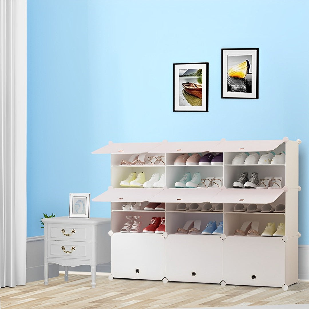 SOGA 5 Tier 3 Column White Shoe Rack Organizer Sneaker Footwear Storage Stackable Stand Cabinet Portable Wardrobe with Cover - Cafe Supply