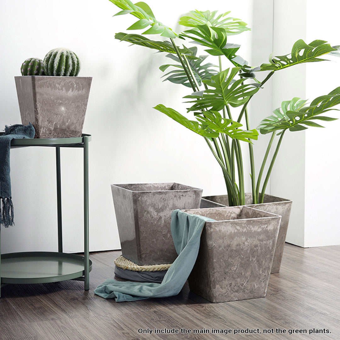 SOGA 2X 27cm Sand Grey Square Resin Plant Flower Pot in Cement Pattern Planter Cachepot for Indoor Home Office - Cafe Supply