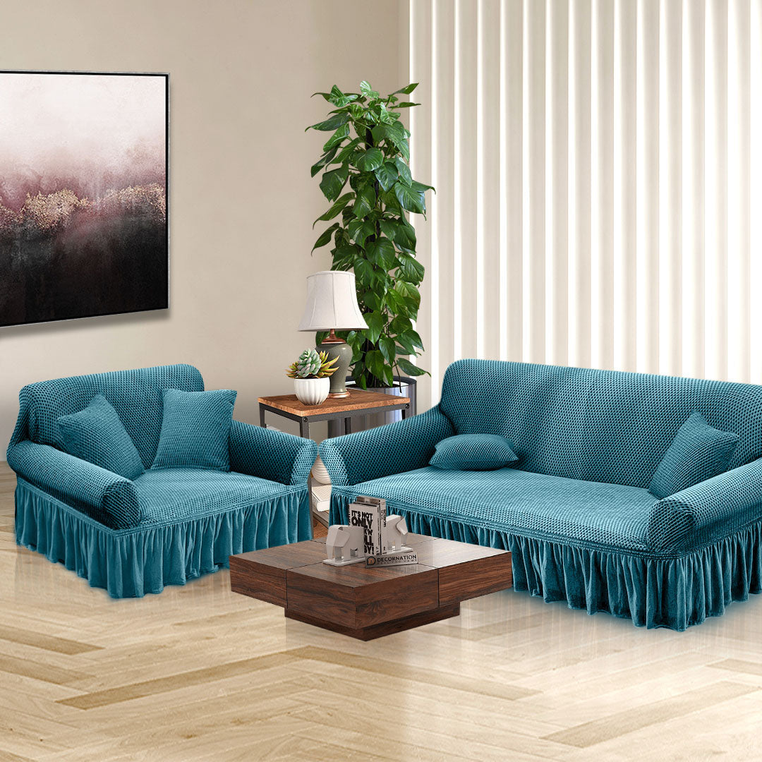 SOGA 2-Seater Blue Sofa Cover with Ruffled Skirt Couch Protector High Stretch Lounge Slipcover Home Decor - Cafe Supply