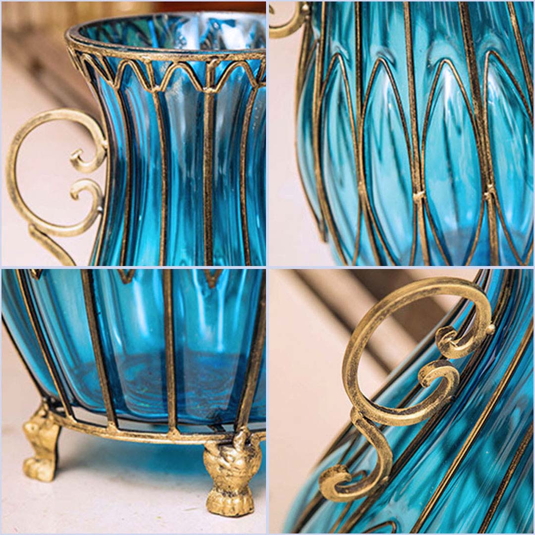 SOGA 51cm Blue Glass Oval Floor Vase with Metal Flower Stand - Cafe Supply