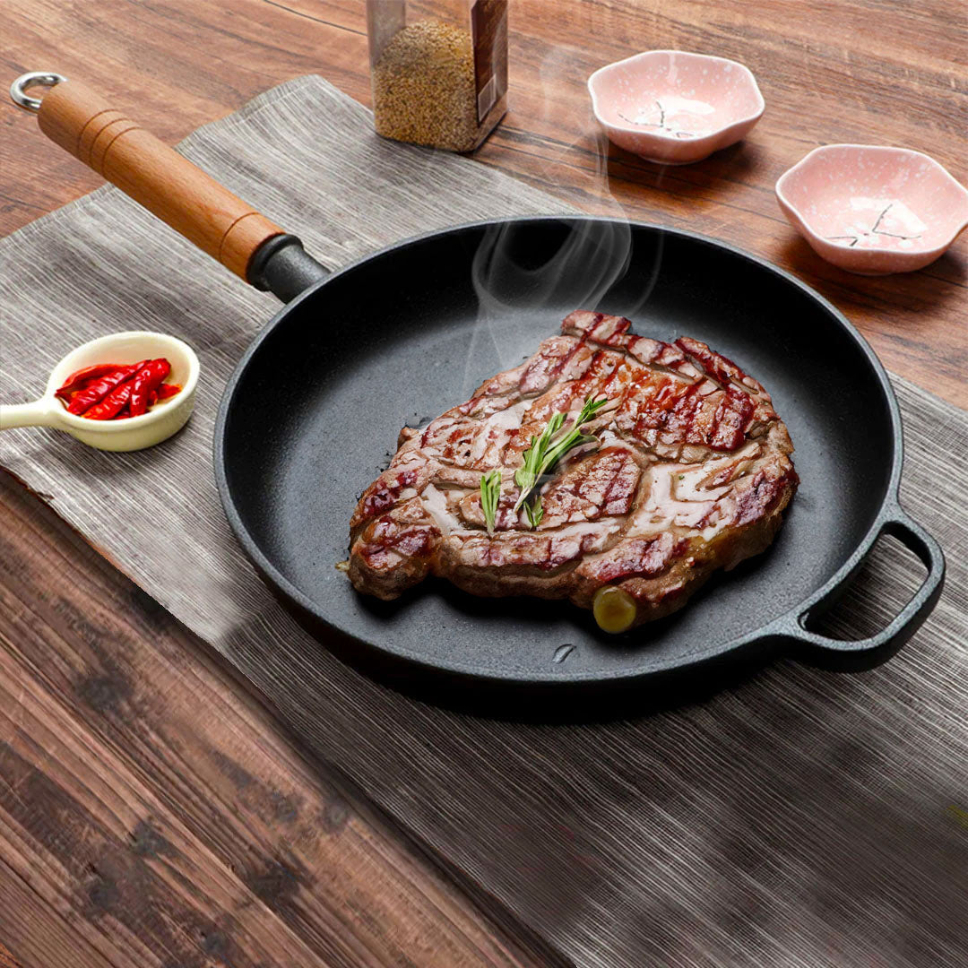 SOGA 2X 27cm Round Cast Iron Frying Pan Skillet Steak Sizzle Platter with Helper Handle - Cafe Supply