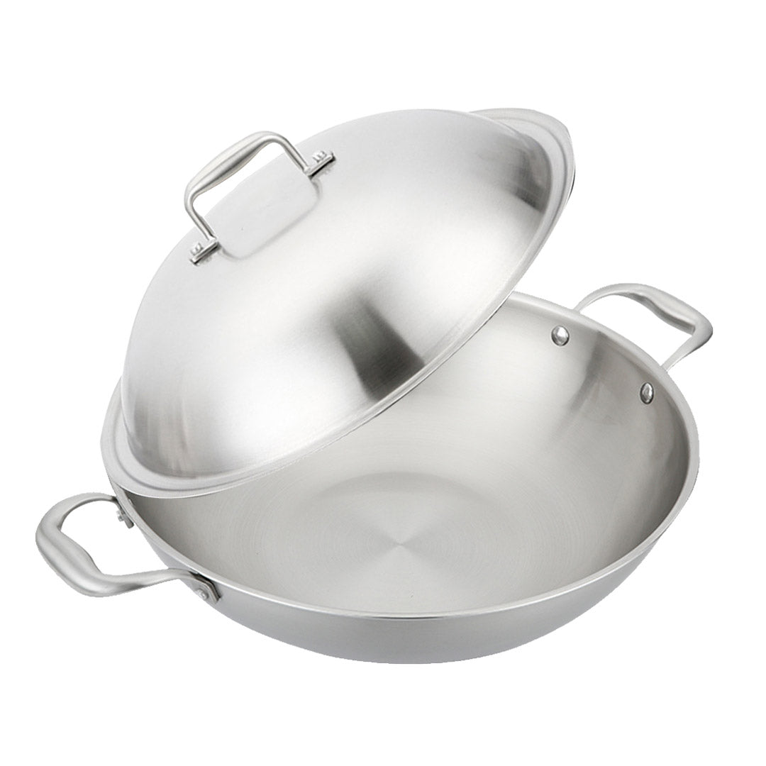 SOGA 2X 3-Ply 38cm Stainless Steel Double Handle Wok Frying Fry Pan Skillet with Lid - Cafe Supply