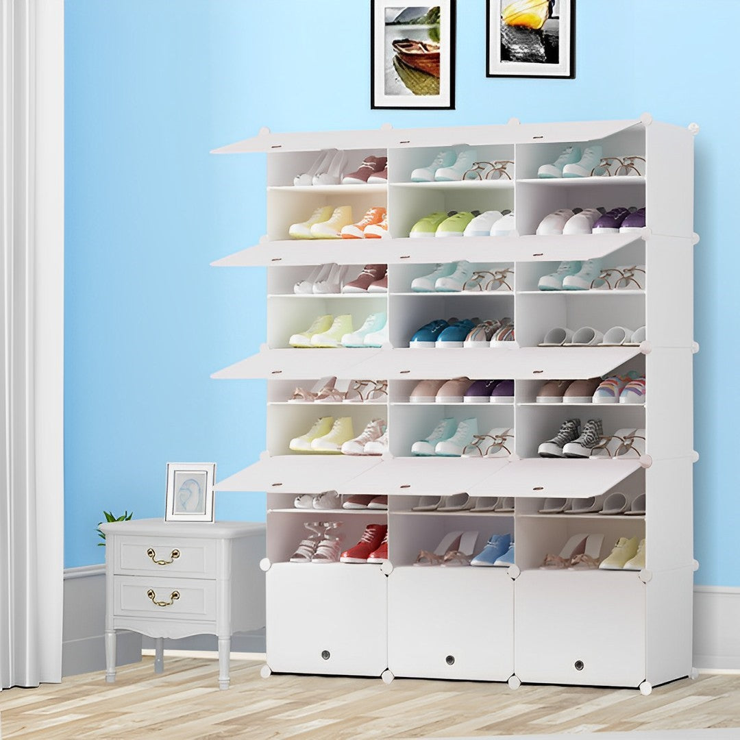 SOGA 9 Tier 3 Column White Shoe Rack Organizer Sneaker Footwear Storage Stackable Stand Cabinet Portable Wardrobe with Cover - Cafe Supply