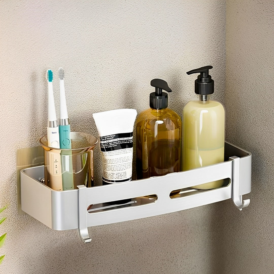 SOGA Silver Wall-Mounted Rectangular Bathroom Storage Organiser Space Saving Adhesive Shelf Rack with Hooks - Cafe Supply