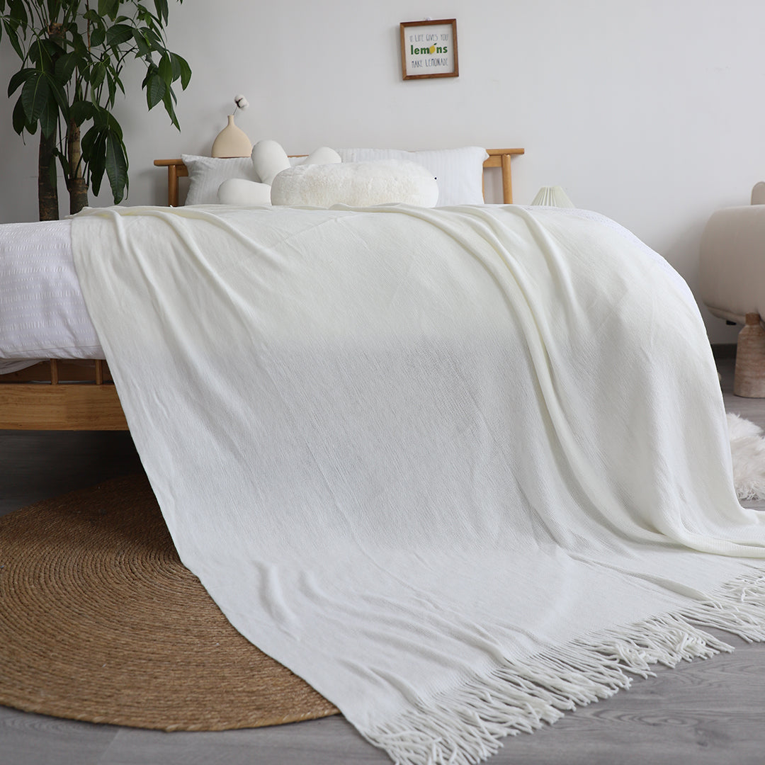 SOGA White Acrylic Knitted Throw Blanket Solid Fringed Warm Cozy Woven Cover Couch Bed Sofa Home Decor - Cafe Supply