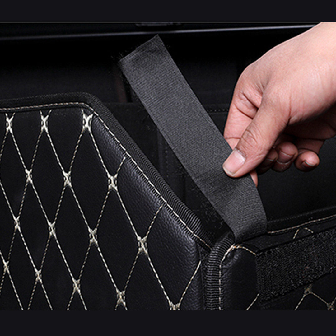 SOGA 2X Leather Car Boot Collapsible Foldable Trunk Cargo Organizer Portable Storage Box Black/Gold Stitch Small - Cafe Supply