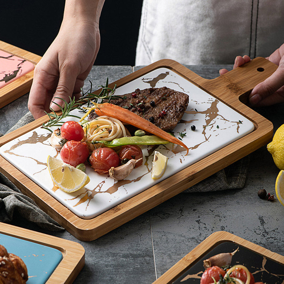 SOGA 2X 33.5cm White Square Wooden Serving Tray Slate Steak Serving Platter Chopping Board Paddle Home Decor - Cafe Supply
