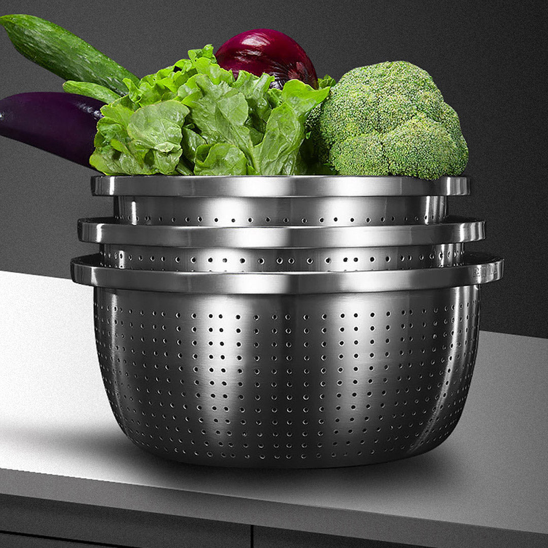 SOGA 2X Stainless Steel Nesting Basin Colander Perforated Kitchen Sink Washing Bowl Metal Basket Strainer Set of 3 - Cafe Supply